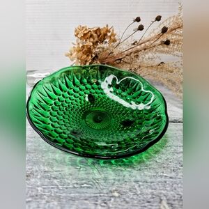 Vintage MCM Hobnail Glass | Emerald Green| Footed Bowl